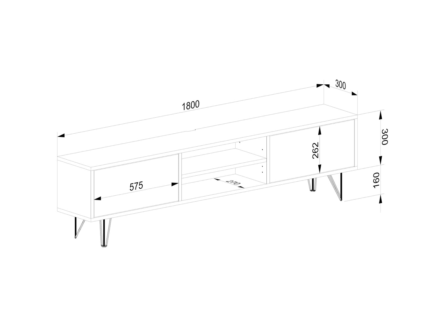 Rustic oak lowboard in black and white, 180cm, featuring a sleek rod foot design by Wildwuchs-Möbel.