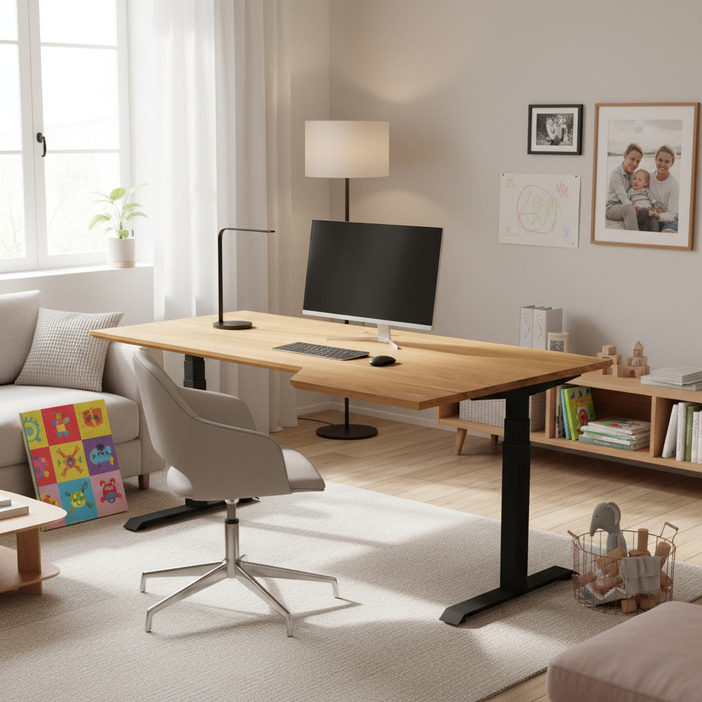 Massivholztisch aus Eiche von Wildwuchs-Büro, elektrisch höhenverstellbar, naturgeölt, stabiles Design für ergonomisches Arbeiten.