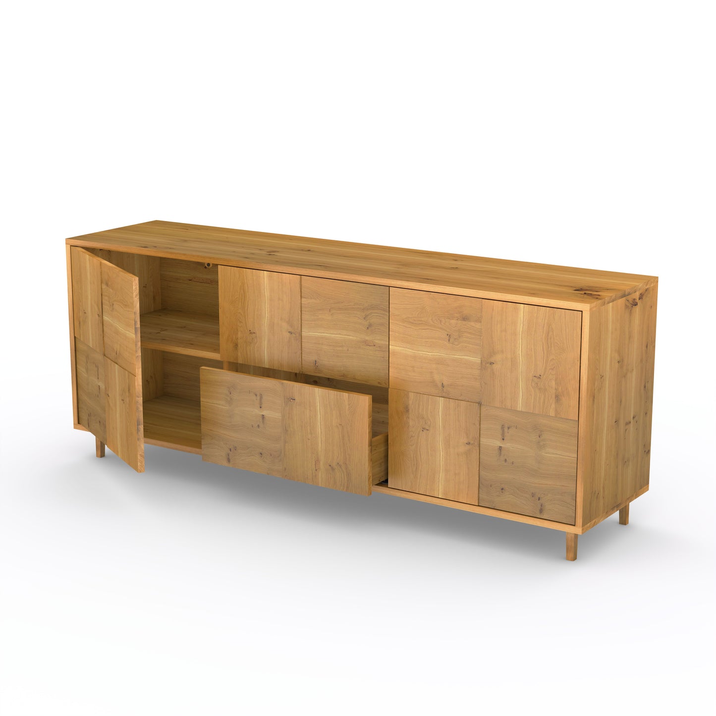 Rustikales Eiche Sideboard "Mosaik" von Wildwuchs-Möbel, naturgeölt, 180 cm breit, mit Mosaik-Design und edler Holzoberfläche.