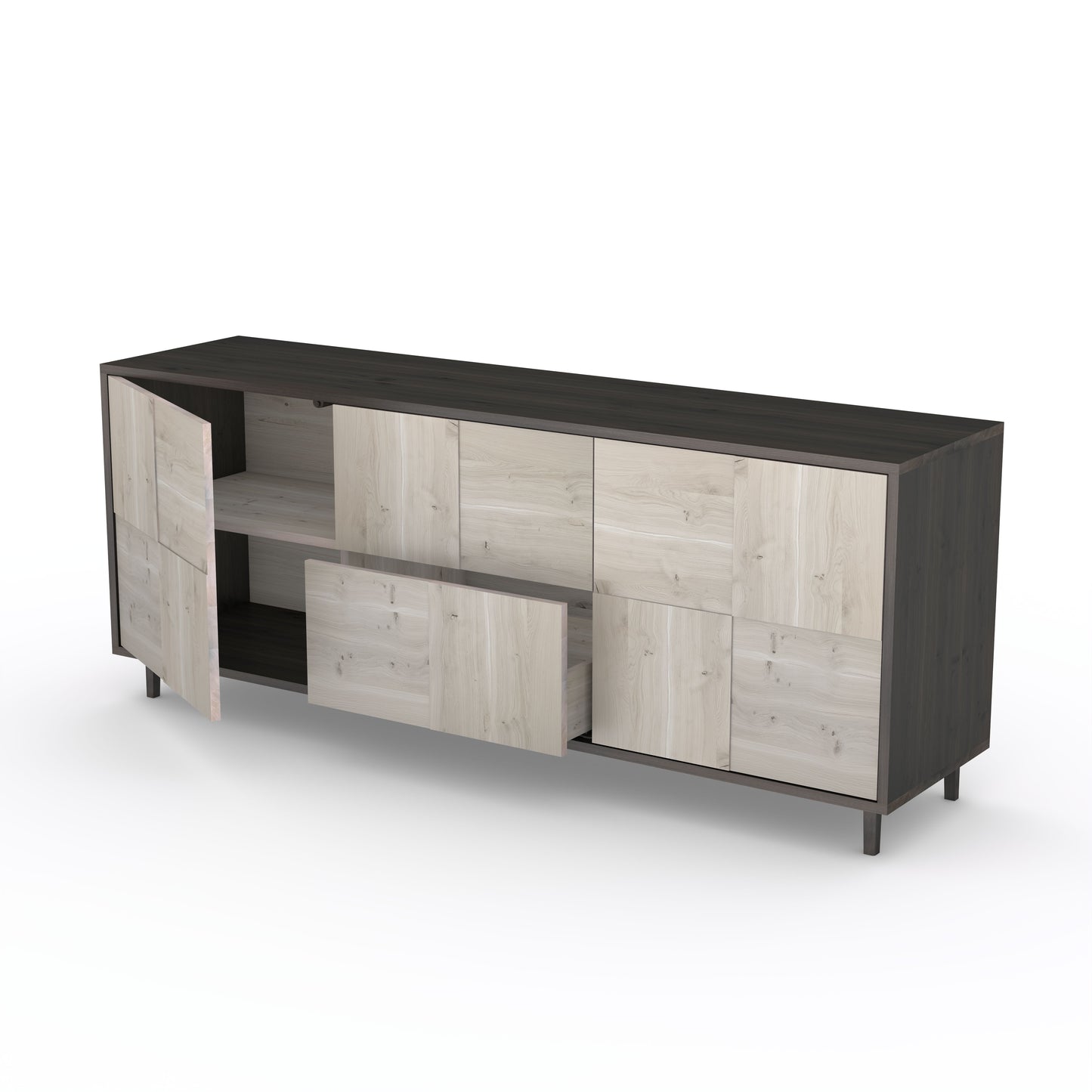 Rustikales Eiche Sideboard "Mosaik" von Wildwuchs-Möbel, schwarz-weiß geölt, 180 cm breit, modernes Design mit Mosaik-Details.