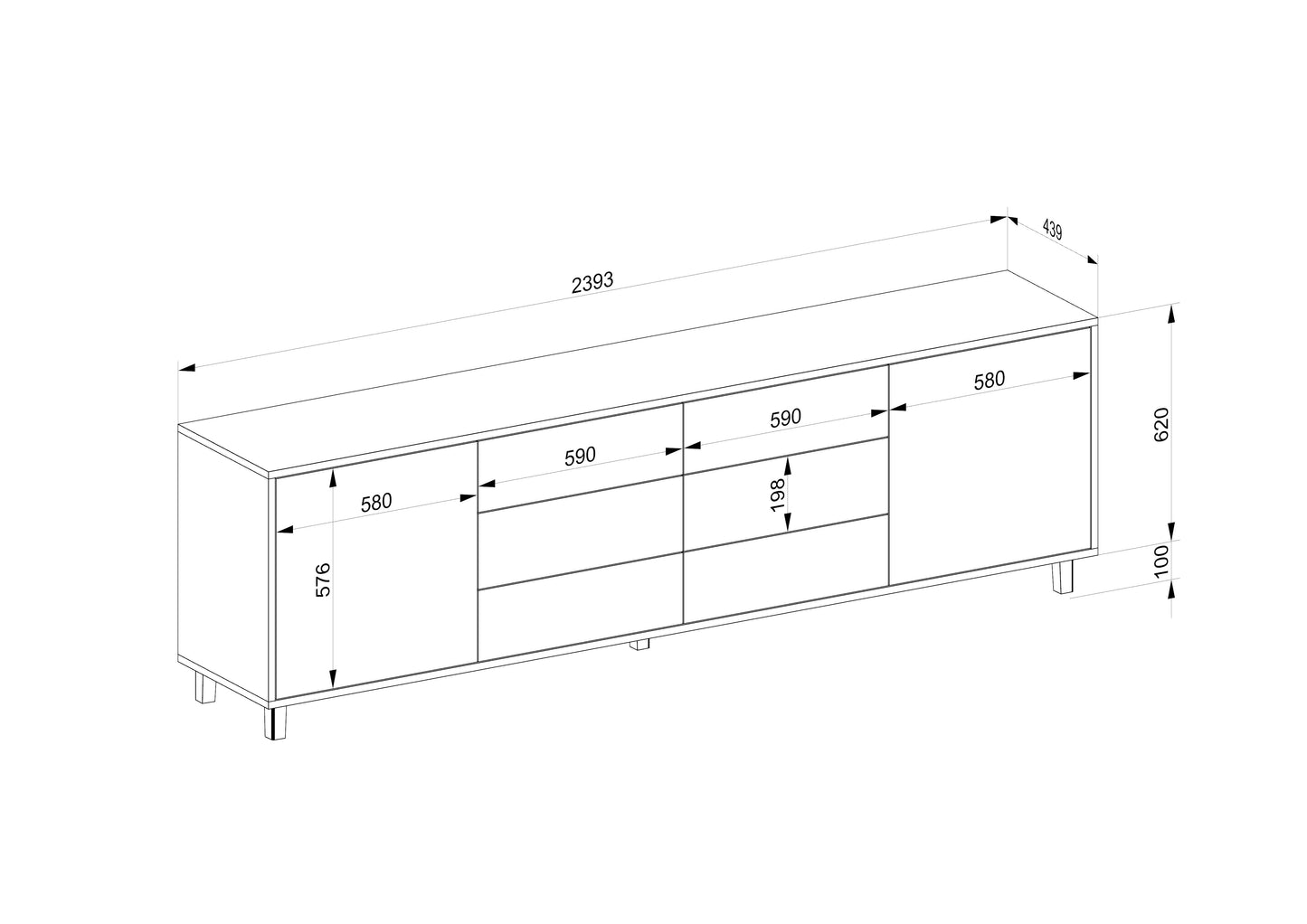 Schmaler Wildwuchs-Möbel Sideboard „schmale Fuge“ aus geölter Eiche, 240 cm lang, mit natürlicher Holzoberfläche.