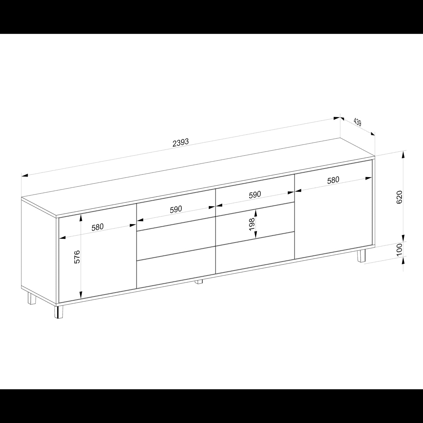 Schmaler Wildwuchs-Möbel Sideboard „schmale Fuge“ aus geölter Eiche, 240 cm lang, mit natürlicher Holzoberfläche.