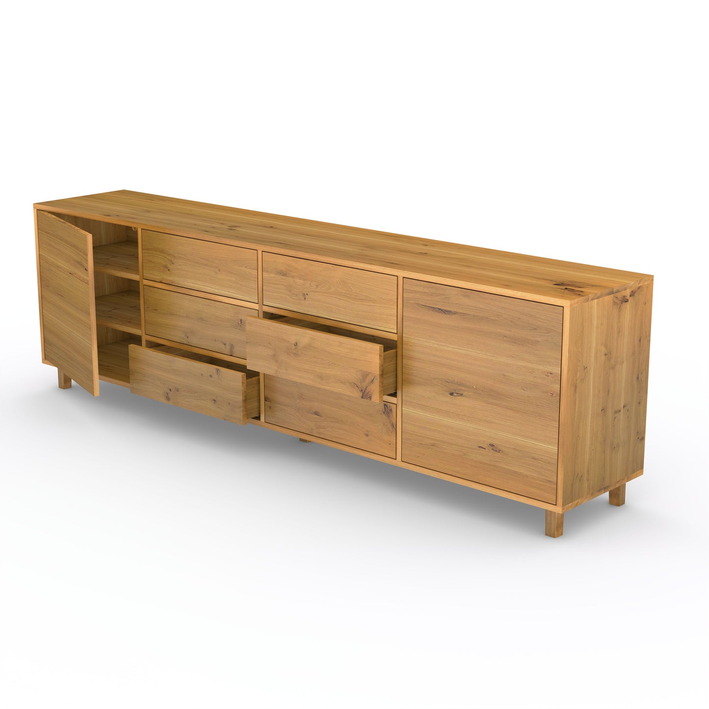 Rustikales Eichen-Sideboard von Wildwuchs-Möbel, naturgeölt, 240 cm breit, mit sichtbarer Holzstruktur und klassischen Design-Elementen.