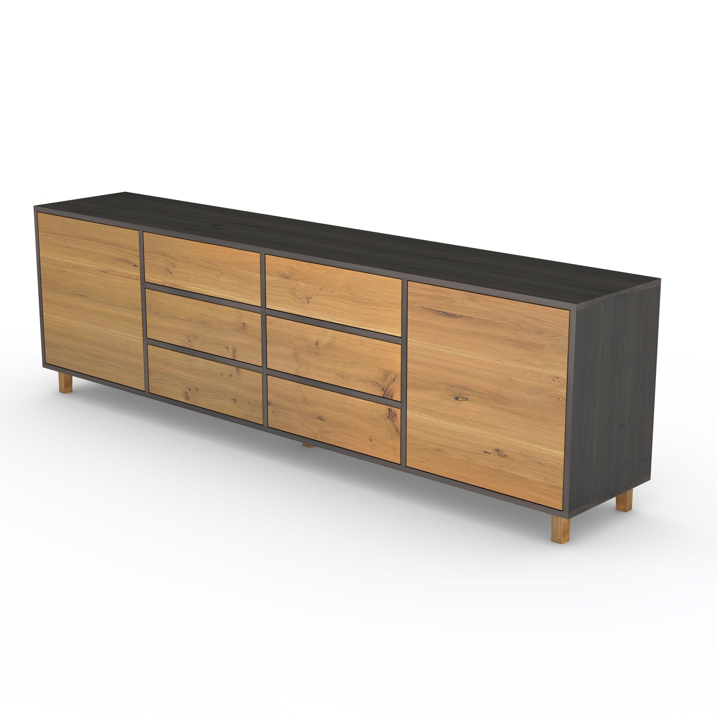 Rustikales Eichen-Sideboard von Wildwuchs-Möbel, 240cm lang, naturbelassen und schwarz geölt, mit elegantem Design.