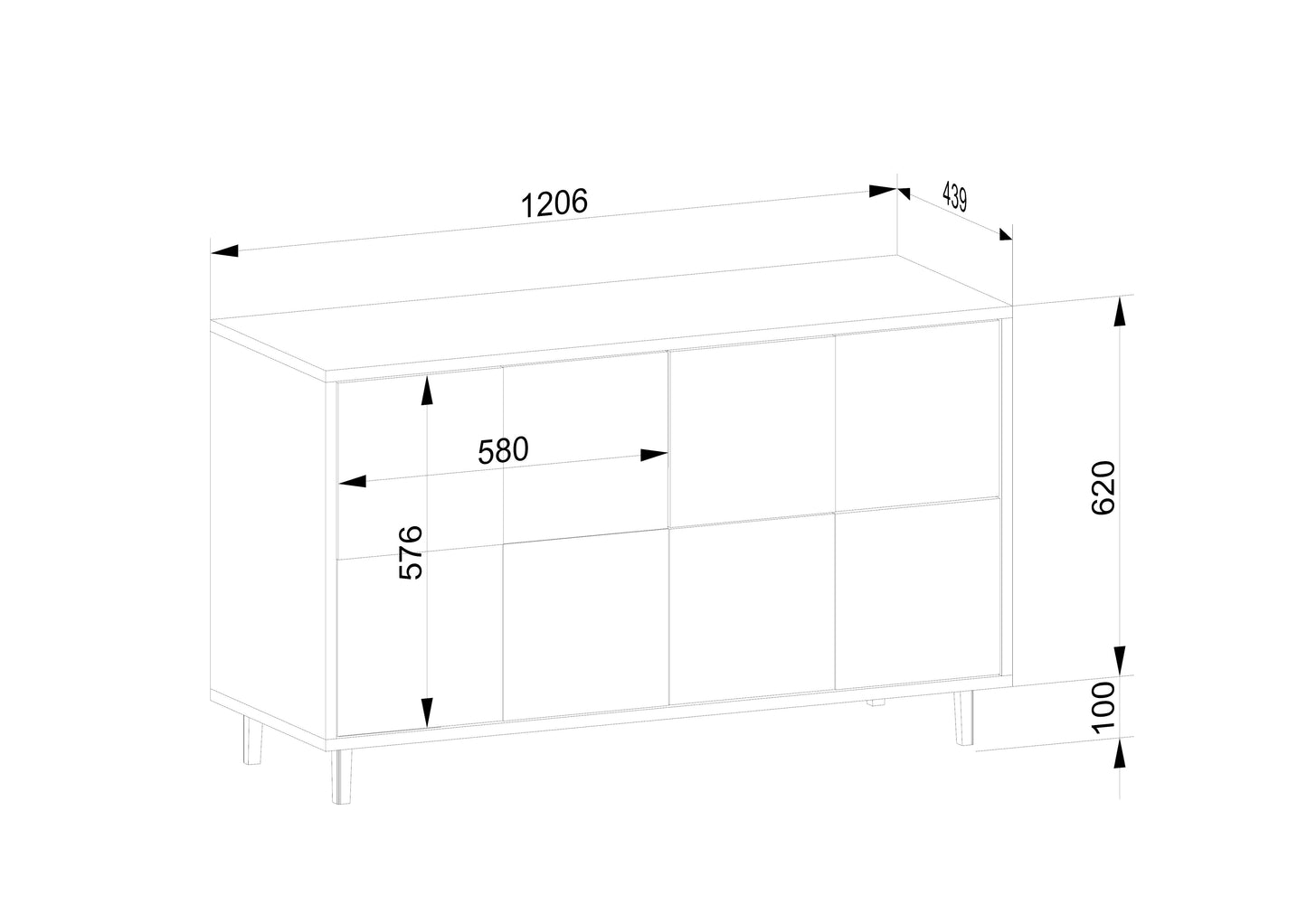 Eichen-Sideboard "Mosaik" Wildwuchs-Möbel, schwarz/weiß geölt, 120cm breit, modernes Design mit Baukastenfront.