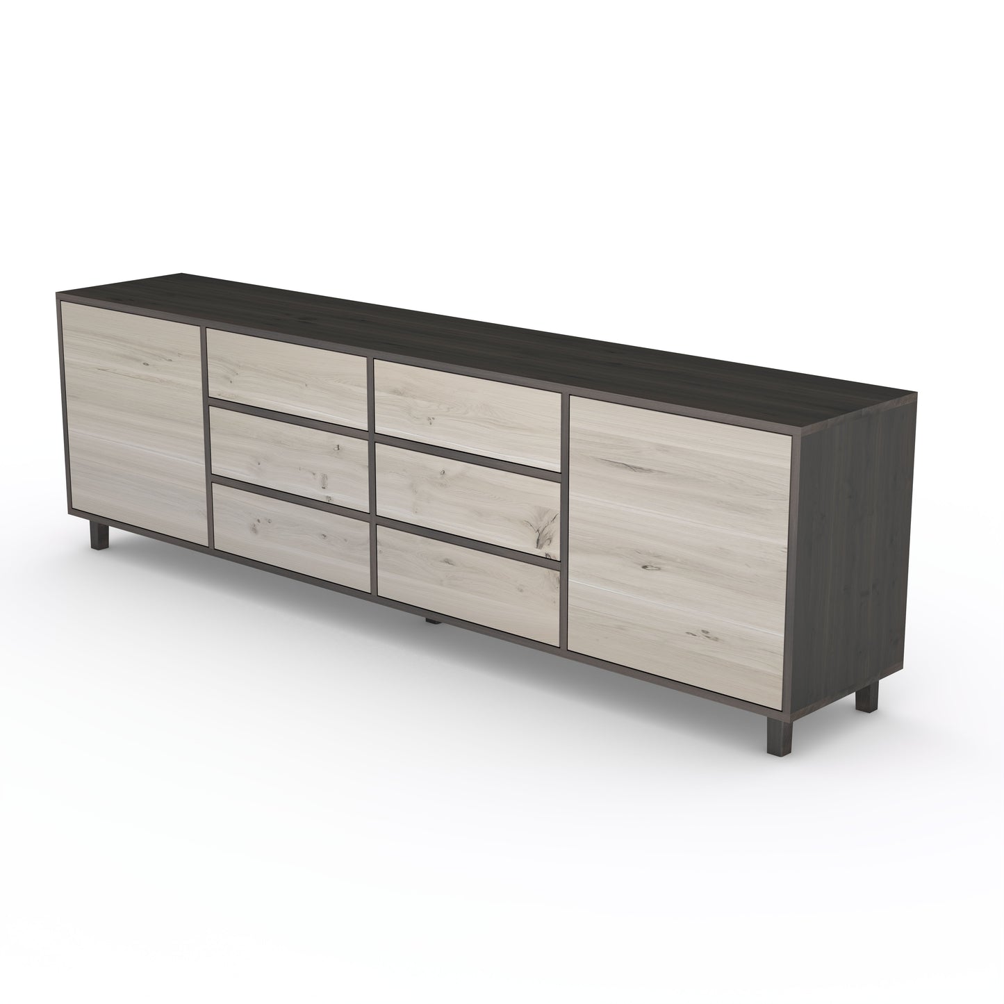 Rustikales Eichen-Sideboard von Wildwuchs-Möbel in Schwarz/Weiß geölt, 240cm lang, mit natürlicher Holzstruktur.