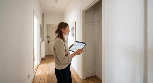 Eine Frau steht mit einem Tablet in einem schmalen Altbau-Flur und plant eine platzsparende, maßgefertigte Garderobe für die Nische.