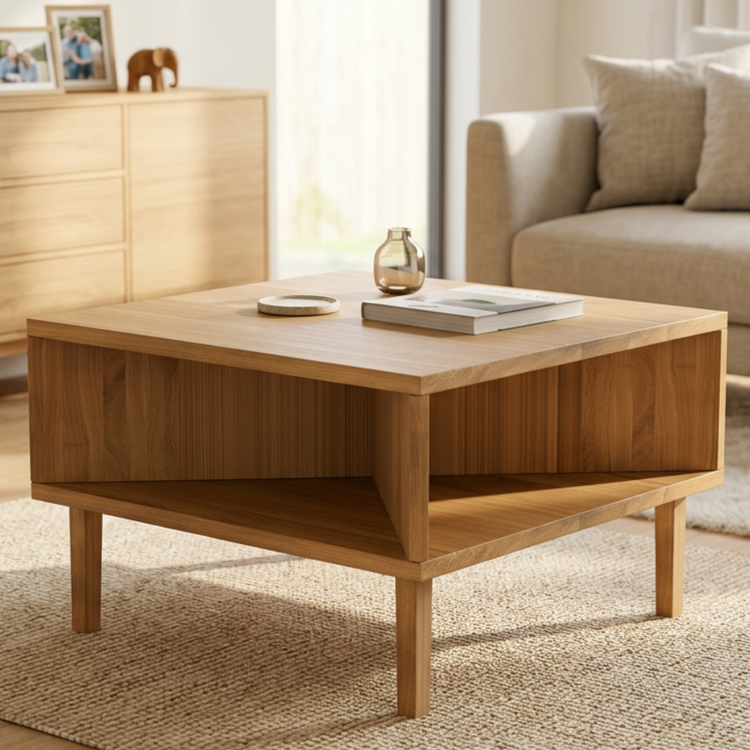 Maßgefertigter Couchtisch 50 cm Premium-Eiche Massivholz in moderner Wohnumgebung