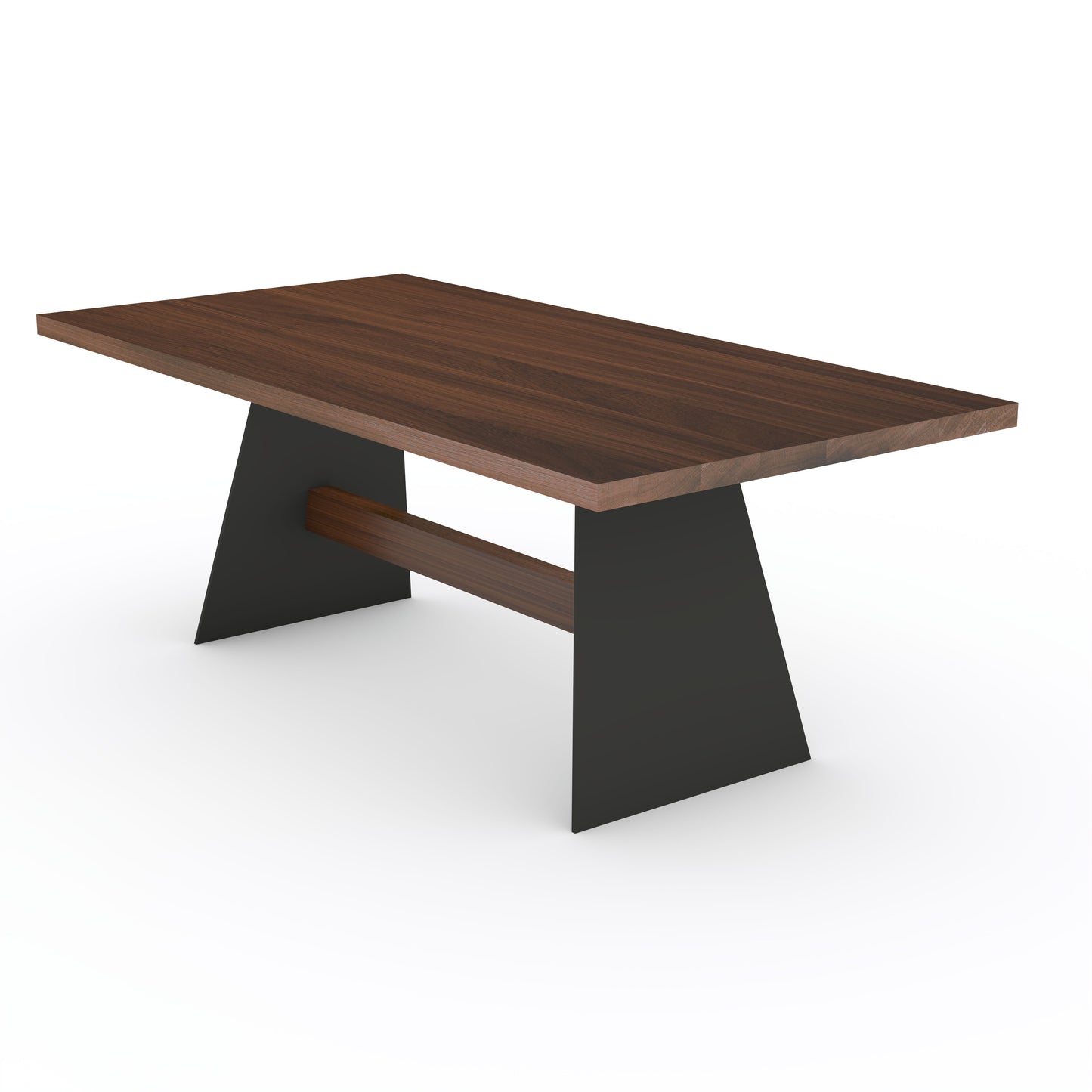 Massiver Esstisch aus Eiche mit brauner Ölung, Holzfuß mit Querträger aus Stahl, von Wildwuchs-Möbel, modern und robust.