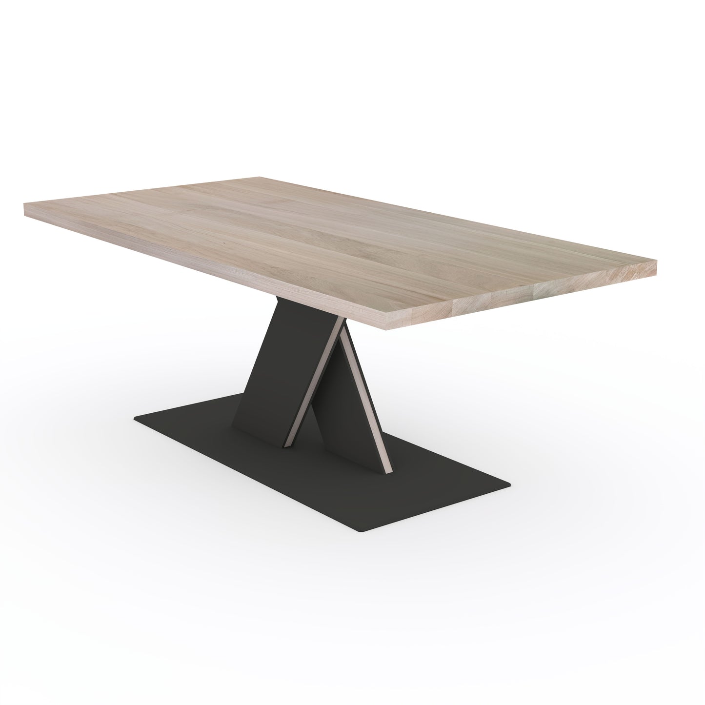 Esstisch aus Eiche, grau geölt, mit massivem Stahlfuß in X-Form, modernes Design, langlebiges Holz und Stahl aus Wildwuchs-Möbel