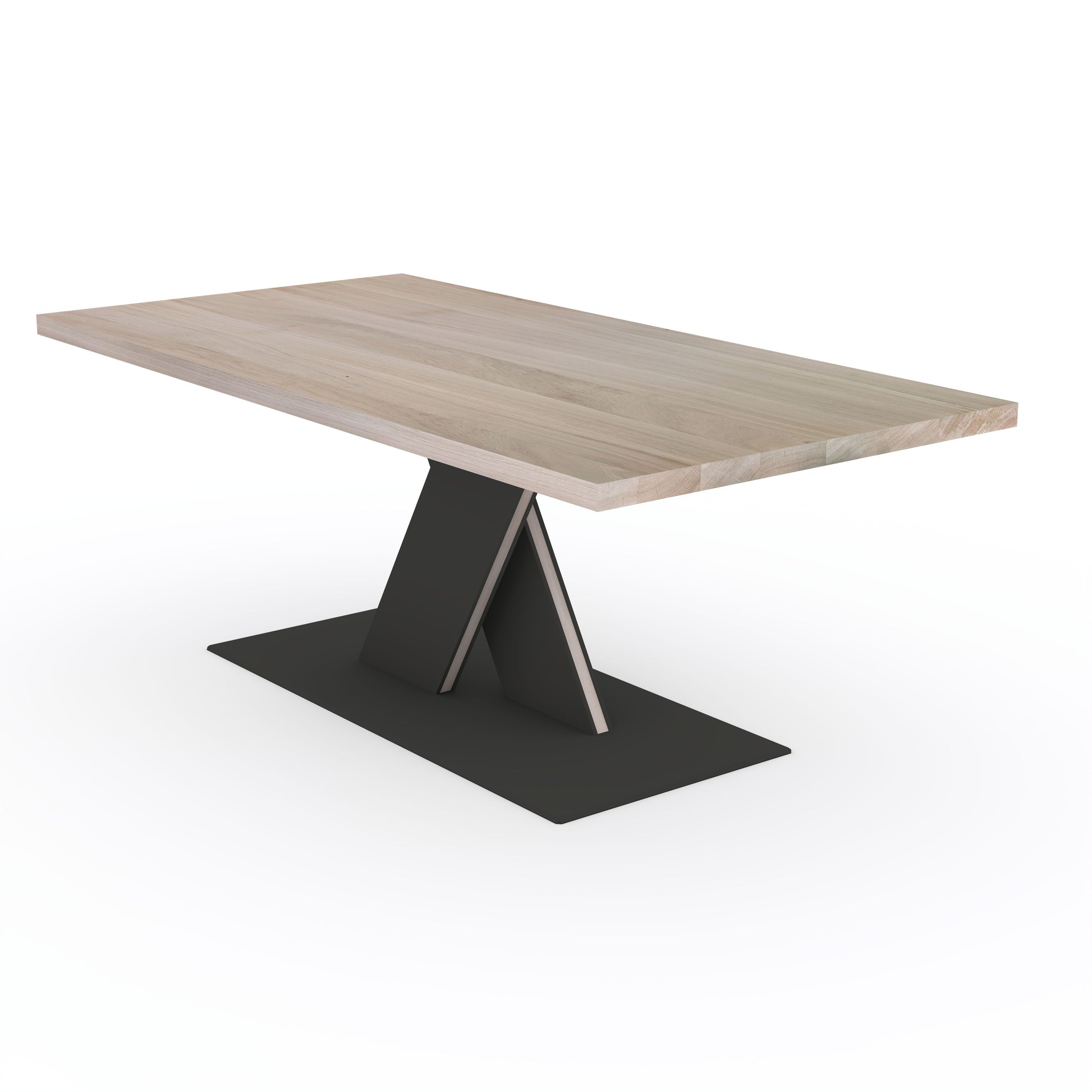 Esstisch aus Eiche, grau geölt, mit massivem Stahlfuß in X-Form, modernes Design, langlebiges Holz und Stahl aus Wildwuchs-Möbel