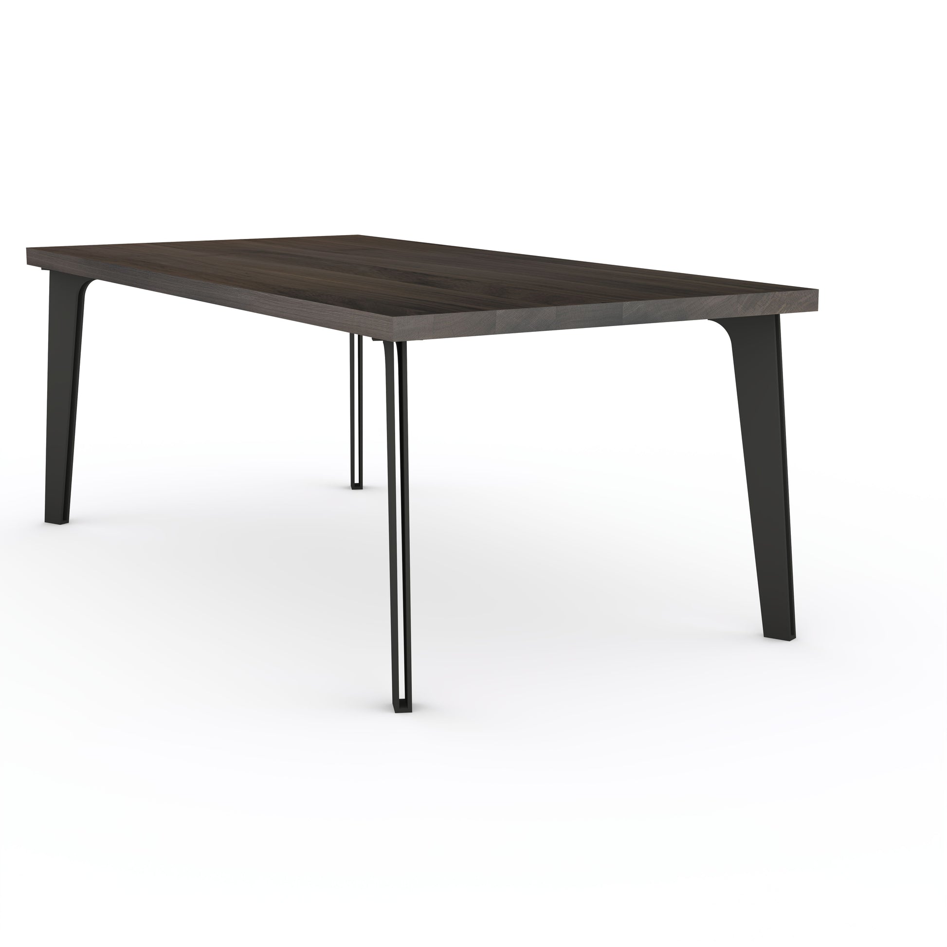 Esstisch aus gewachster Eiche in Schwarz mit massivem Stahlfuß im Design "hohles Bein" von Wildwuchs-Möbel.