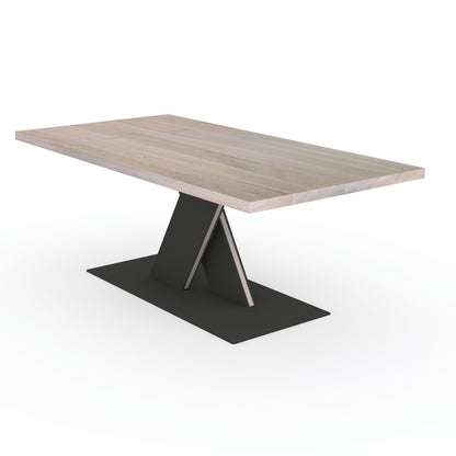 Gerader Esstisch aus Eiche, weiß geölt, mit massivem Stahl-X-Fuß, Wildwuchs-Möbel, modernes Design, elegante Holzoptik