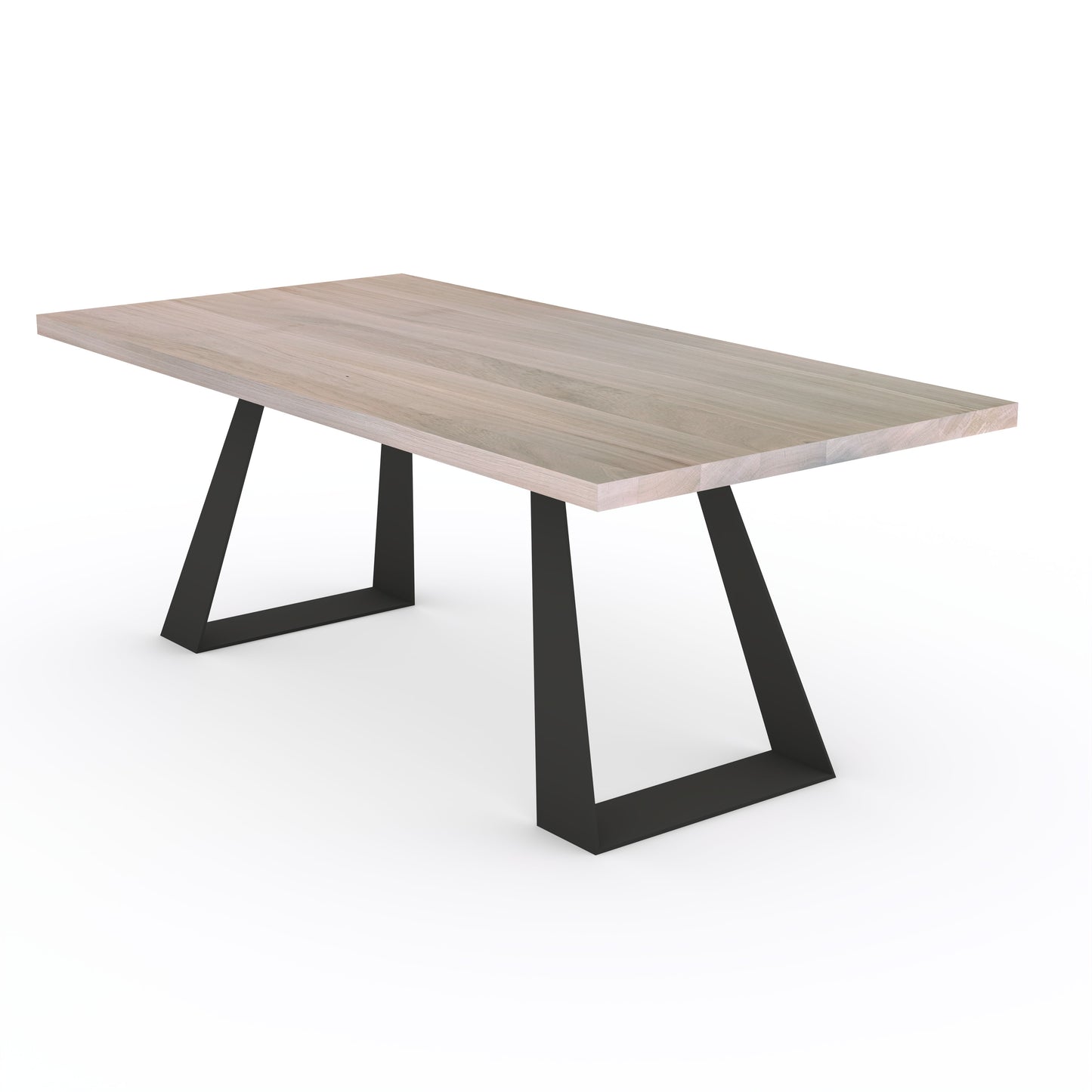 Gerader Esstisch aus Eiche, weiß geölt, mit trapezförmigem Stahlfuß, robustes und modernes Design, Wildwuchs-Möbel