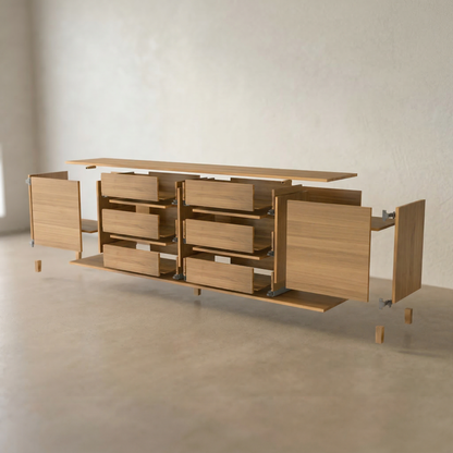 Massives Eichensideboard von Wildwuchs-Möbel, 240cm lang, offen mit sichtbaren Fächern, naturgeölt und robust.
