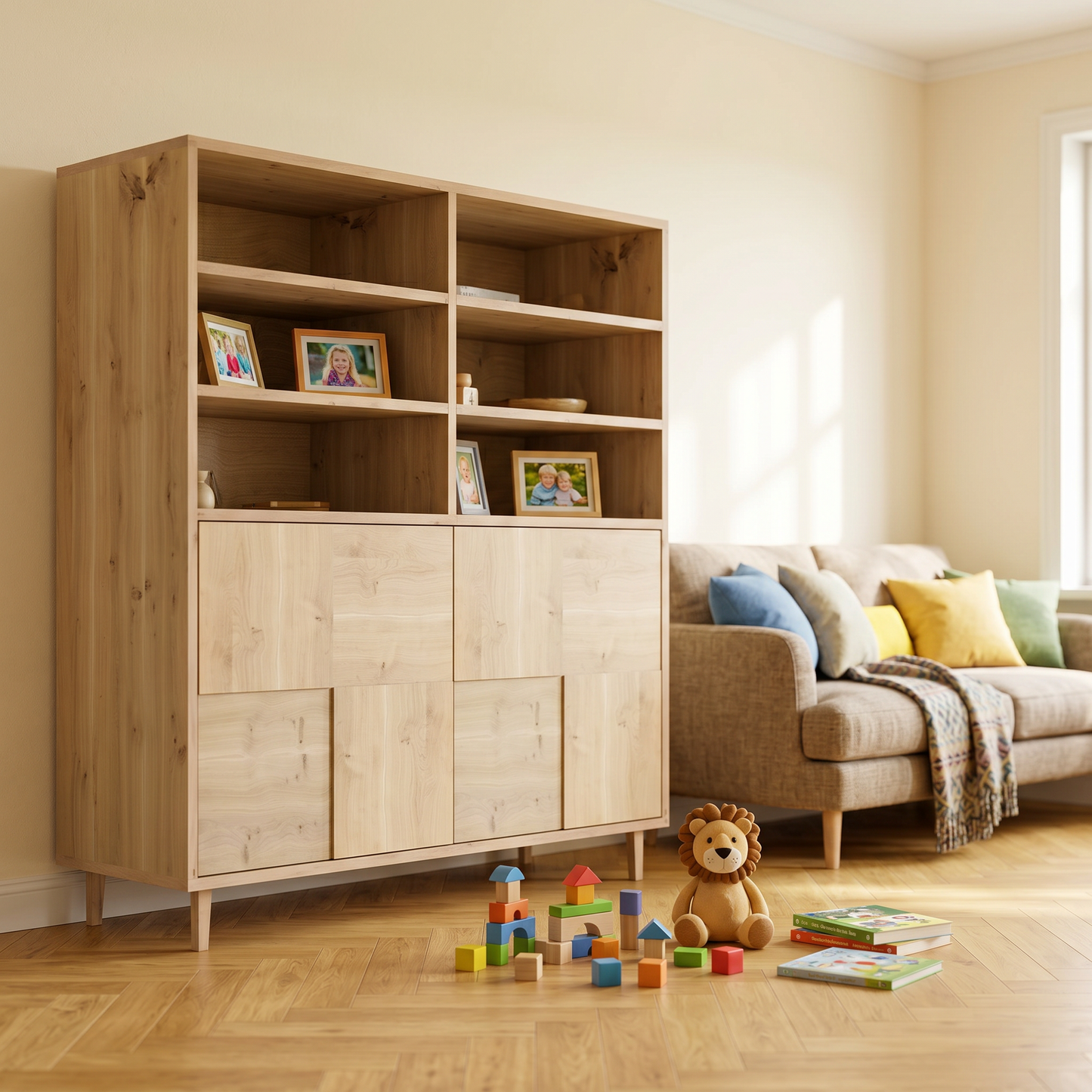 Rustikaler Eiche Highboard von Wildwuchs-Möbel mit Mosaikdesign, 120cm, sichtbar geölte Oberfläche, modernes und natürliches Möbelstück