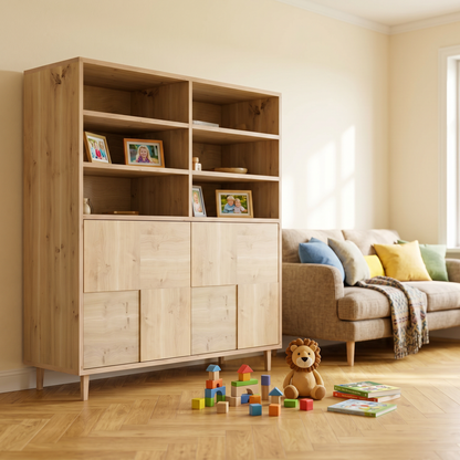 Rustikaler Eiche Highboard von Wildwuchs-Möbel mit Mosaikdesign, 120cm, sichtbar geölte Oberfläche, modernes und natürliches Möbelstück
