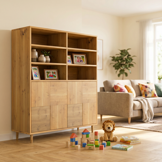 Rustikaler Eiche Highboard von Wildwuchs-Möbel mit Mosaik-Design, naturgeölt, 120 cm breit, modernes Möbelstück für Wohnzimmer