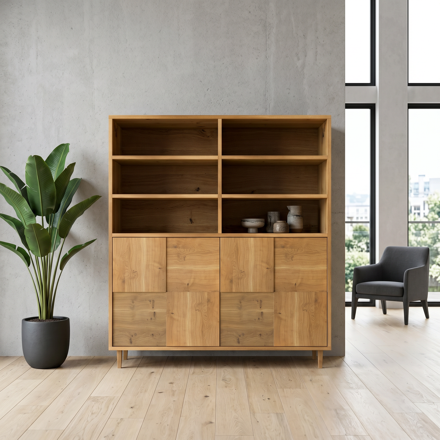 Rustikaler Highboard aus Eiche, natur geölt, mit Mosaik-Design, von Wildwuchs-Möbel, 120 cm breit, detaillierte Architekturfotografie