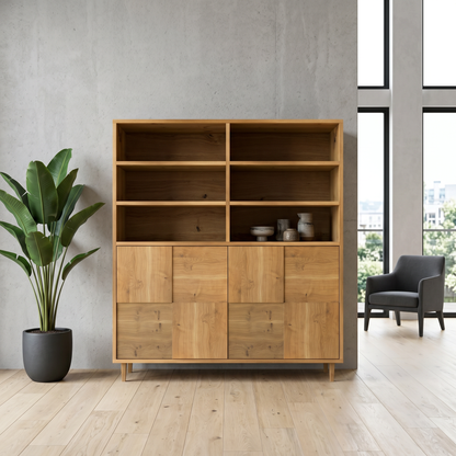 Rustikaler Highboard aus Eiche, natur geölt, mit Mosaik-Design, von Wildwuchs-Möbel, 120 cm breit, detaillierte Architekturfotografie