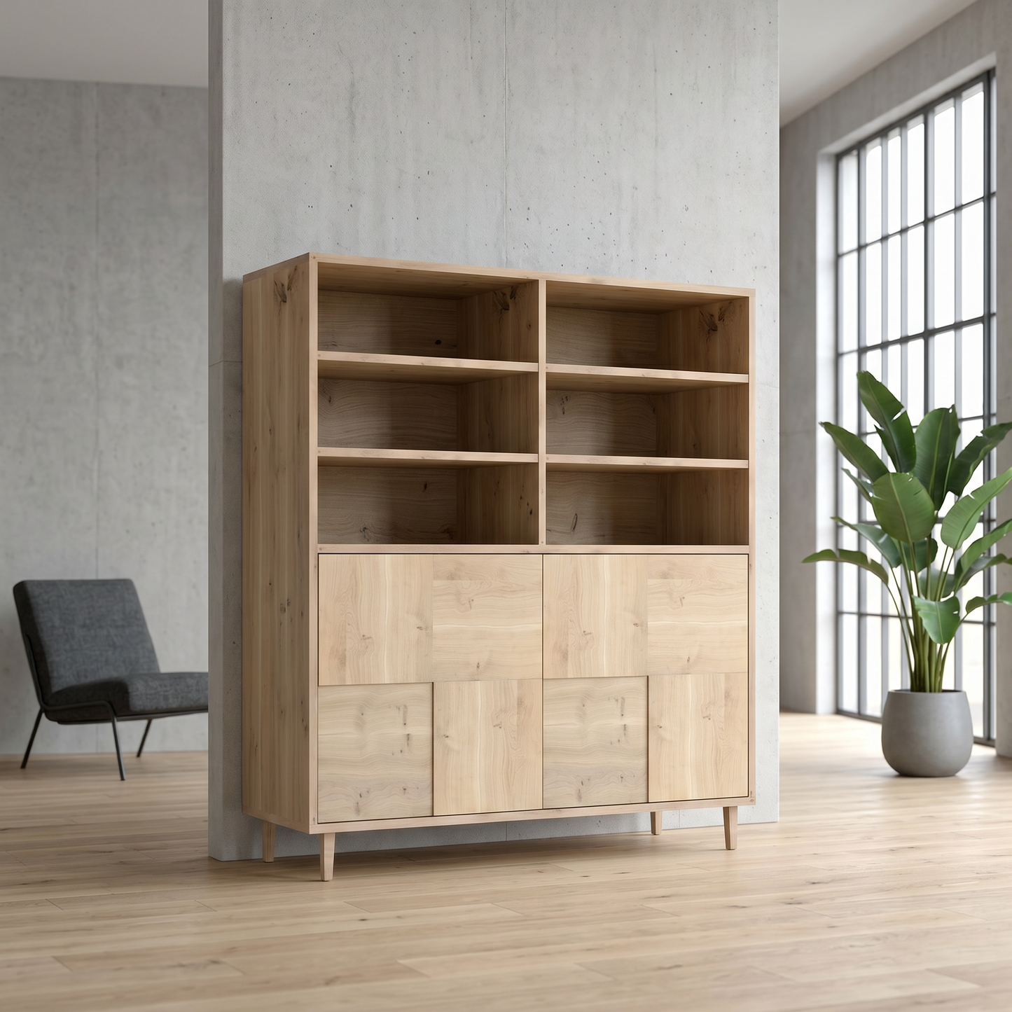 Rustikaler Eichen-Highboard von Wildwuchs-Möbel, 120cm breit, mit Mosaik-Design, sichtbar geölt und detailliert fotografiert.