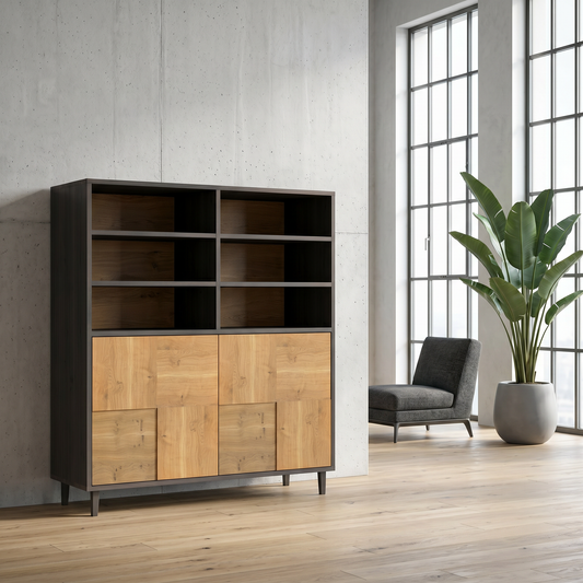 Rustikaler Eichen-Highboard von Wildwuchs-Möbel mit schwarzer Mosaik-Optik, naturgeölt, 120cm breit, modernes Design