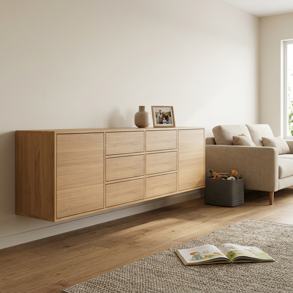 Schwebendes Sideboard aus geölter Eiche, 240cm breit, mit Keilleiste, in einem modernen Wohnzimmer.