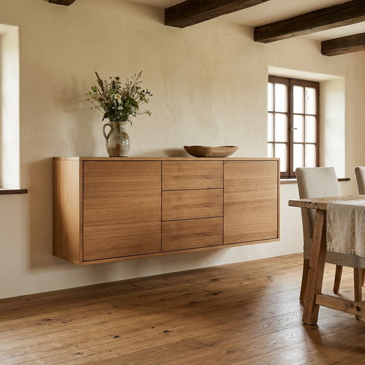 Hängendes Eiche Sideboard "Schmale Fuge" von Wildwuchs-Möbel, 180cm, natur geölt mit Keilleiste in modernem Wohnraum