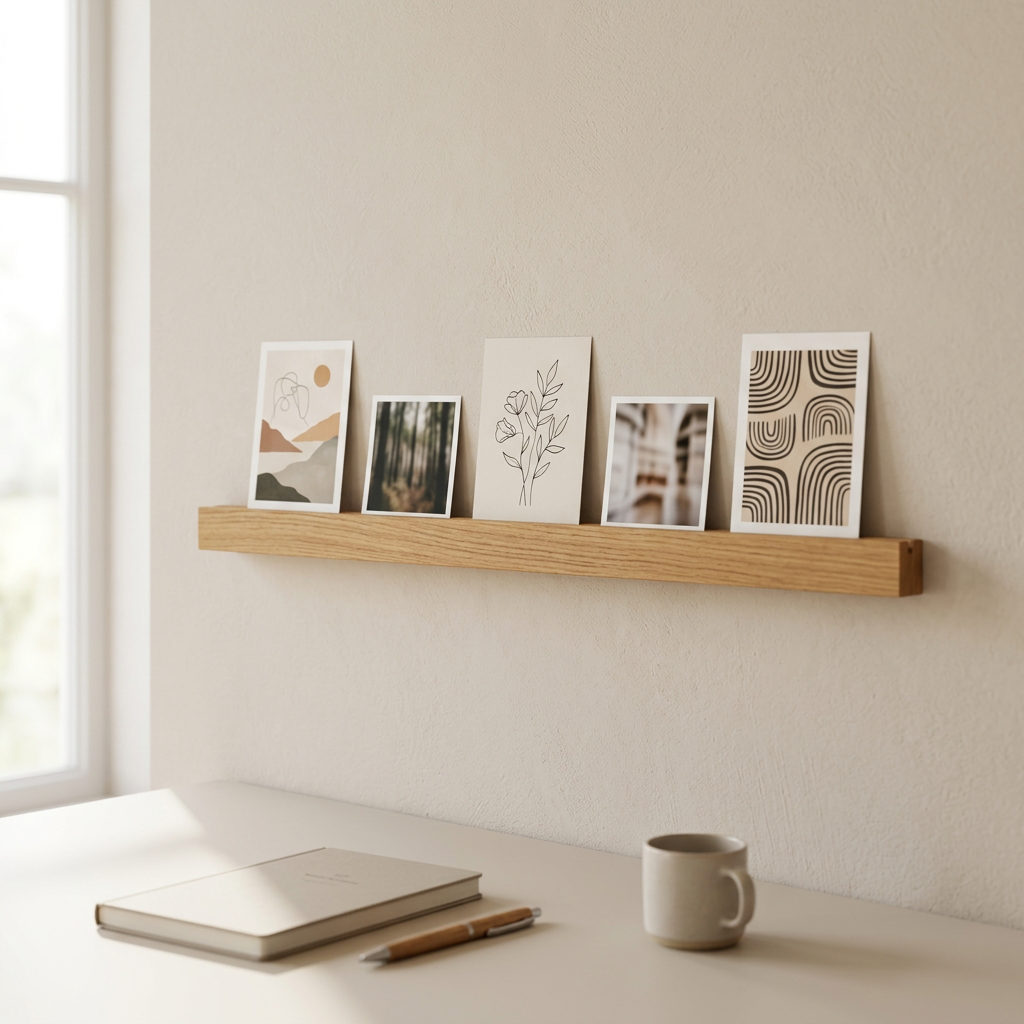Postkartenleiste aus massiver Eiche, 40 cm, von Wildwuchs Möbel an der Wand mit Postkarten geschniegelt