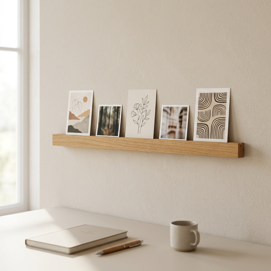 Postkartenleiste aus massiver Eiche, 40 cm, von Wildwuchs Möbel an der Wand mit Postkarten geschniegelt