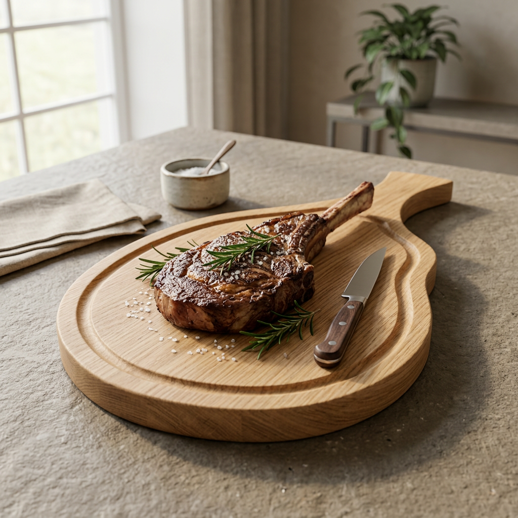 Massives Eichen-Grillbrett von Wildwuchs Möbel, 55 cm, rustikale Holzmaserung, als Steak-Servierbrett gestaltetes Brett