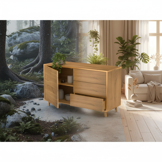 Sideboard "schmale Fuge" by Wildwuchs-Möbel in natural oiled oak, 120cm, showcasing elegant design and craftsmanship.