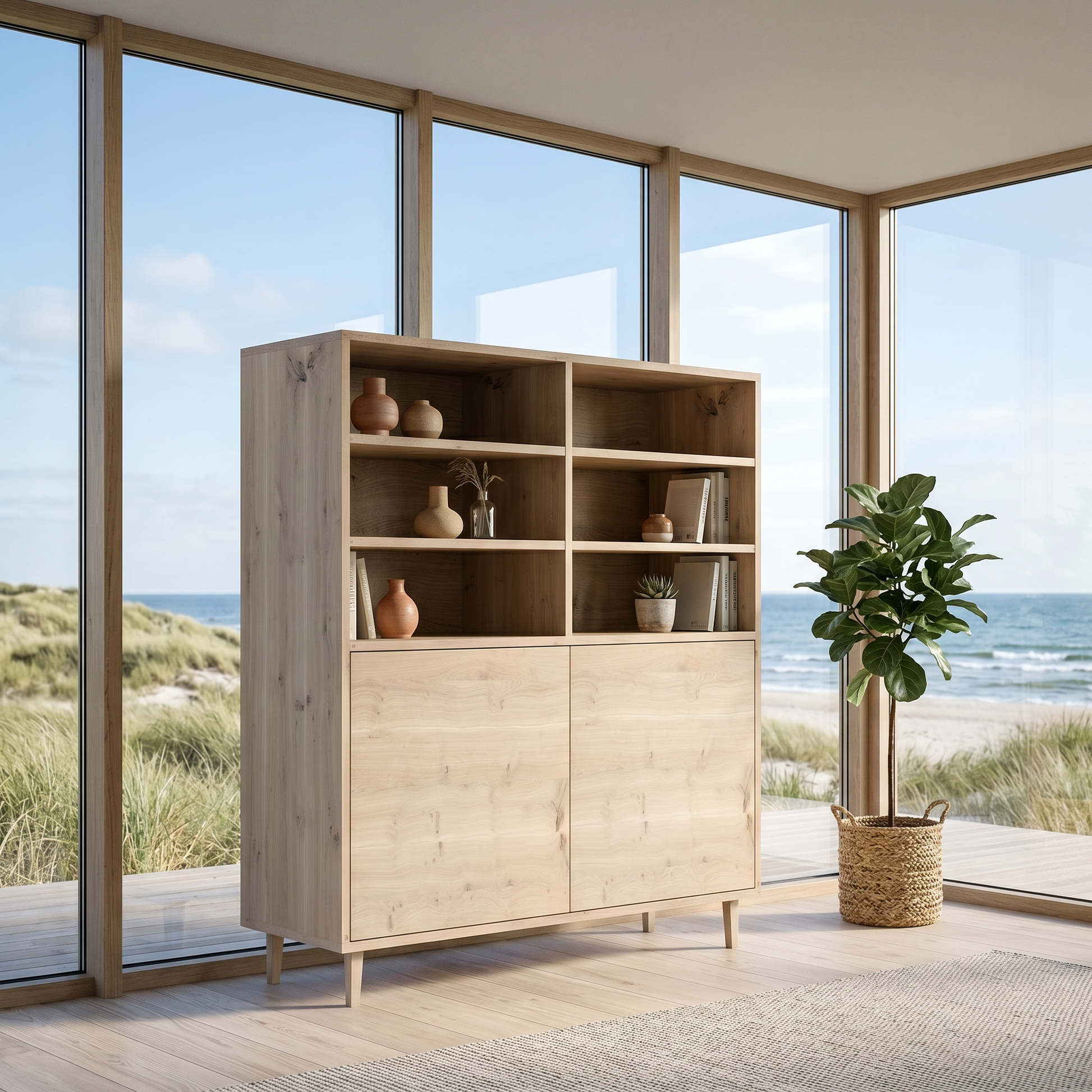 Rustikales Eichen-Highboard von Wildwuchs-Möbel, schmal und geölt, mit unsichtbaren Fugen, 120 cm breit, modernes Design