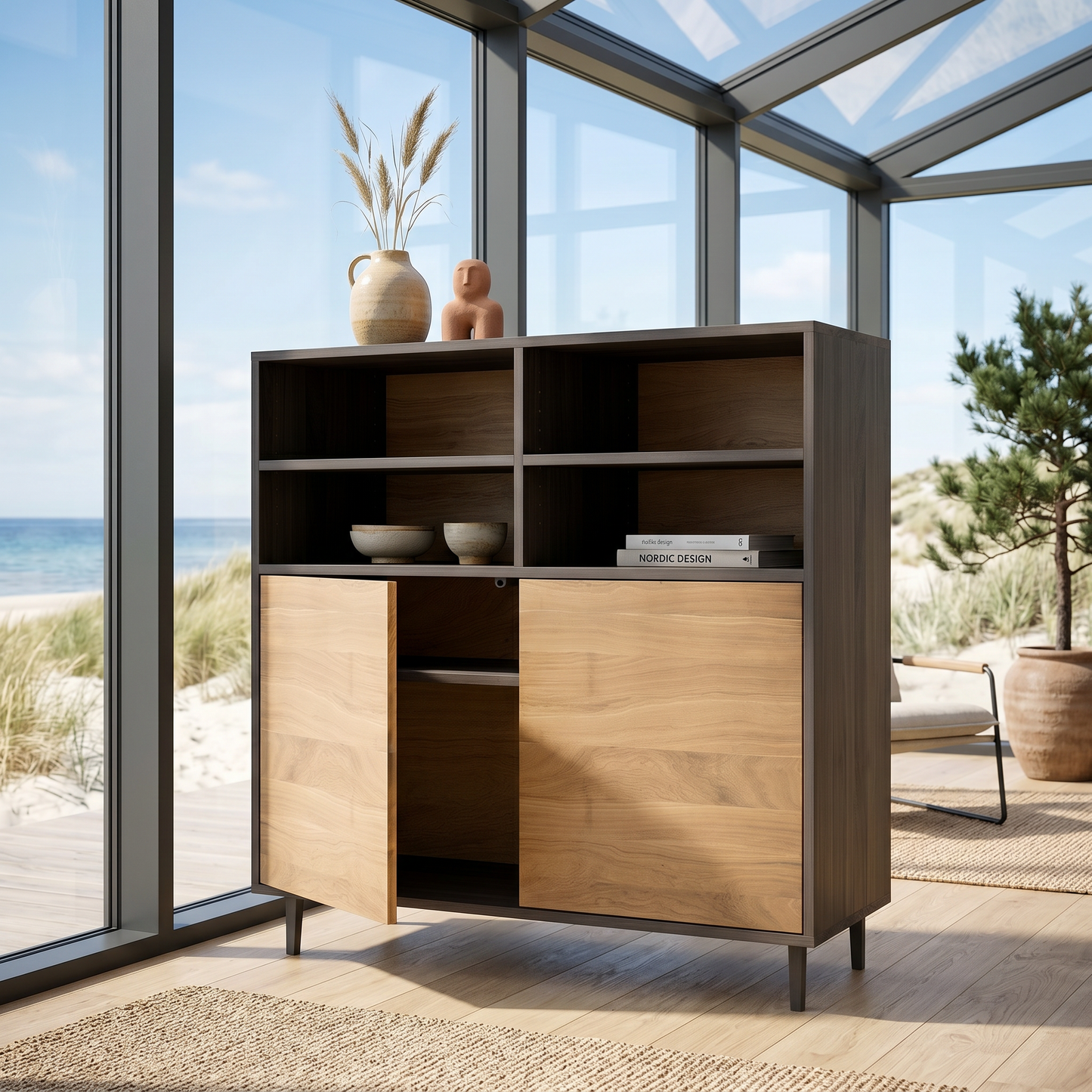 Schmaler Highboard aus Eiche mit Schwarzöl-Finish von Wildwuchs-Möbel, 120cm, modern und naturbelassen.