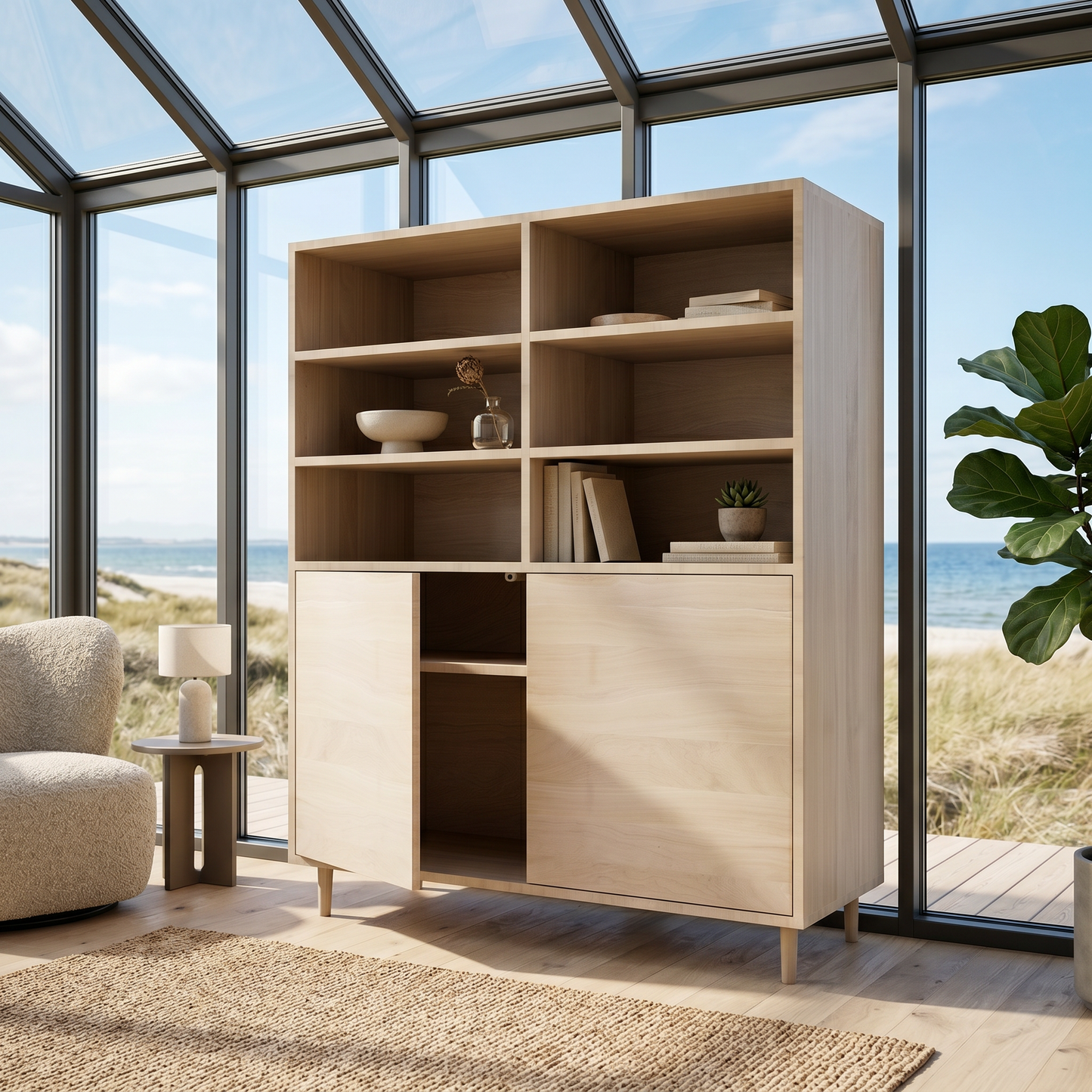 Gerades Highboard aus Eiche von Wildwuchs-Möbel, 120cm breit, schmale Fuge, invisible geölt, modernes Sideboard im Holzdesign