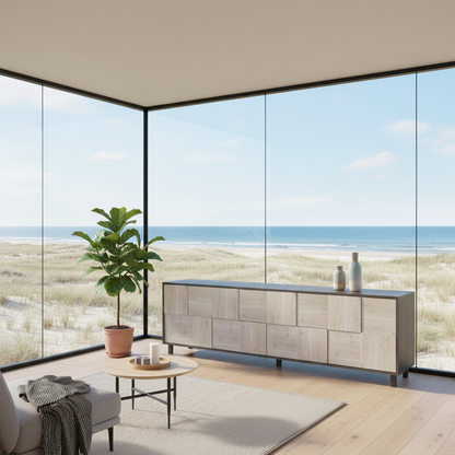 Rustikales Eiche Sideboard "Mosaik" von Wildwuchs-Möbel, schwarz/weiß geölt, 240cm lang, moderne Holzkommode mit Mosaik-Design