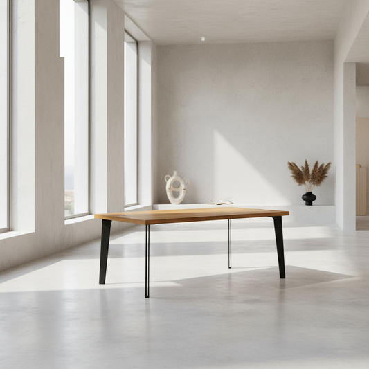 Rustic oak dining table by Wildwuchs-Möbel with a natural wax finish and solid steel hollow leg design.