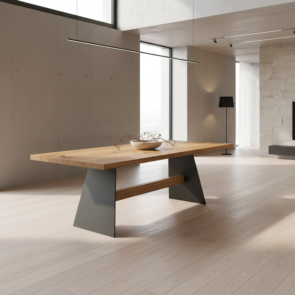 Rustic oak dining table by Wildwuchs-Möbel with a wooden cross beam, showcasing natural waxed finish and sturdy design.