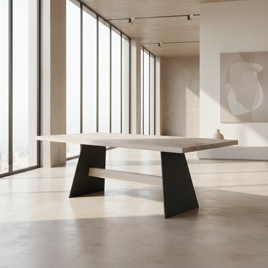 Rustic white oak dining table by Wildwuchs-Möbel featuring a sturdy wood and steel cross-legged design.