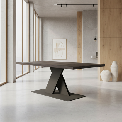Moderner Esstisch aus Eiche, schwarz geölt mit massivem Stahl-Fuß "Flaches X" von Wildwuchs-Möbel.