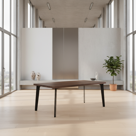 Esstisch aus gewachster Eiche in Braun mit hohles Bein aus massivem Stahl von Wildwuchs-Möbel in modernem Design.