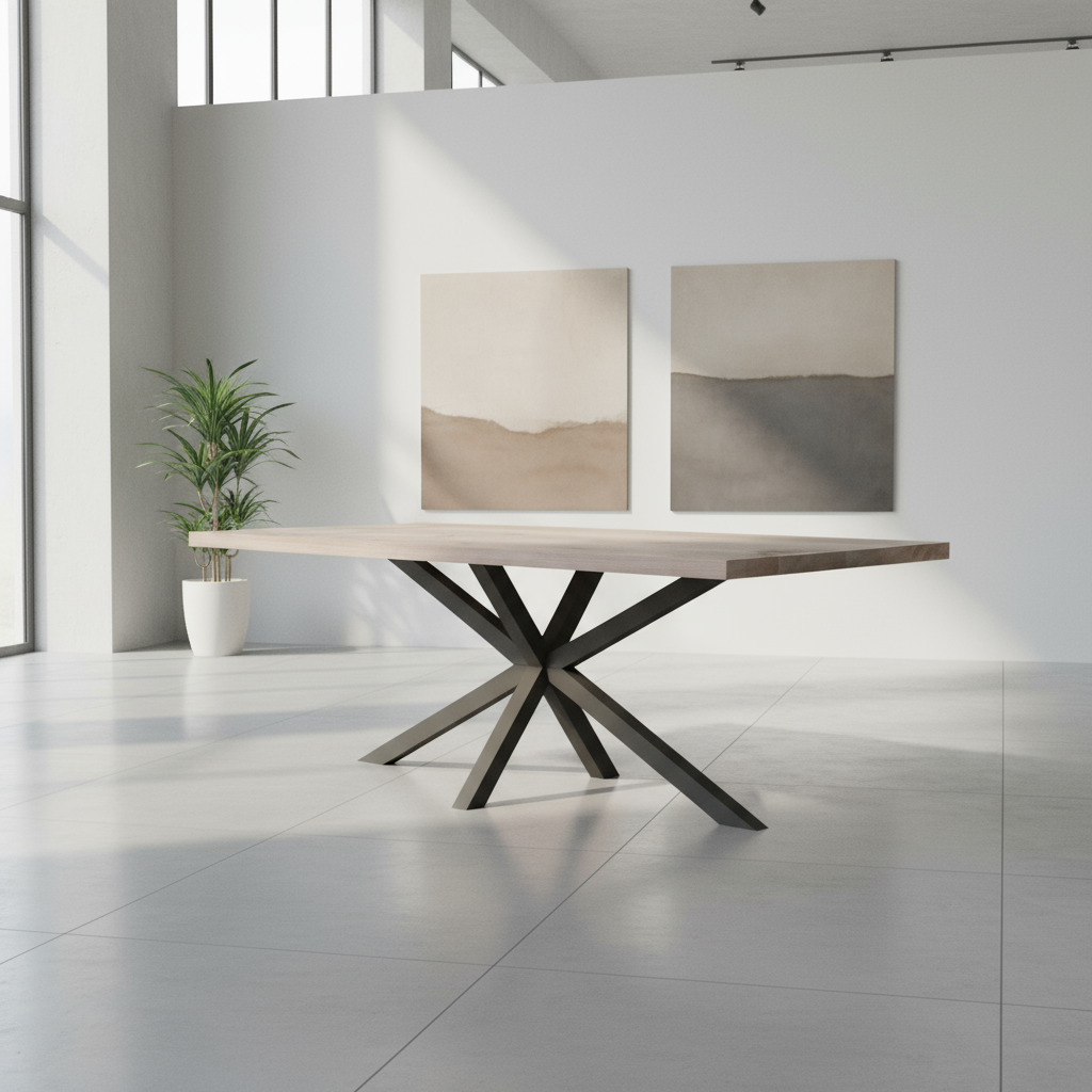 Rustikaler Esstisch aus Eiche von Wildwuchs-Möbel mit grauer Ölung und Spidergestell-Fuß, modernes Design, detailreiche Holzmaserung.
