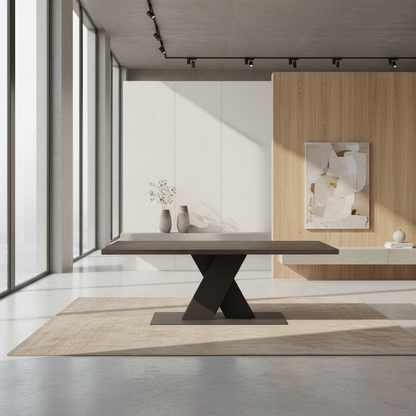 Rustic black waxed oak dining table by Wildwuchs-Möbel with flat X-shaped base in solid steel.