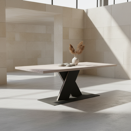 Esstisch Eiche Premium Weiß gewachst - mit Fuß "Flaches X" aus massivem Stahl und Holz (Kopie)