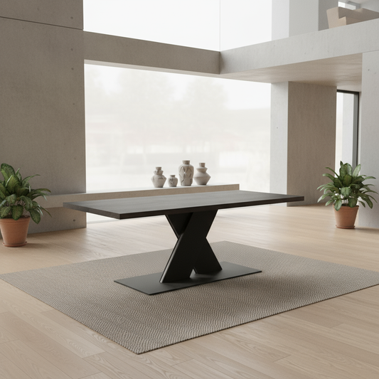 Rustic black waxed oak dining table by Wildwuchs-Möbel with a sturdy flat X-shaped base in steel and wood.