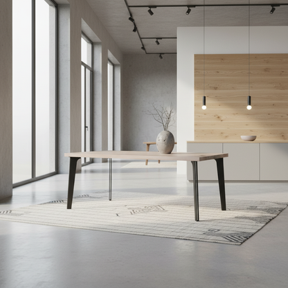 Rustic gray oak dining table by Wildwuchs-Möbel with hollow leg design in solid steel, set in a modern interior.