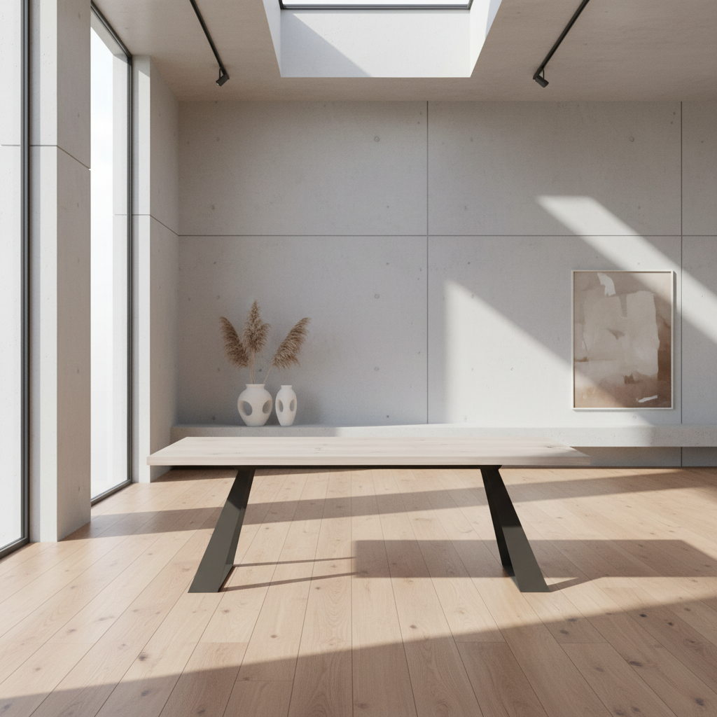 Rustikaler Esstisch aus Eiche mit weiß geöltem Finish und Trapez-Stahlfuß, modernes Design, von Wildwuchs-Möbel