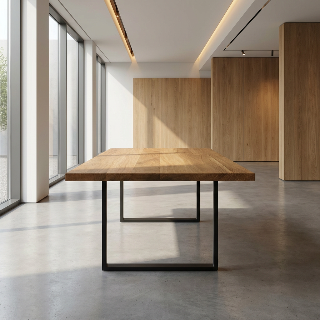 Esstisch aus gewachster Eiche von Wildwuchs-Möbel mit U-förmigem Fuß, modern und naturbelassen.