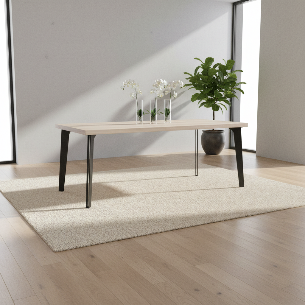 Rustic white oak dining table by Wildwuchs-Möbel with hollow leg design in solid steel, set in a modern interior.