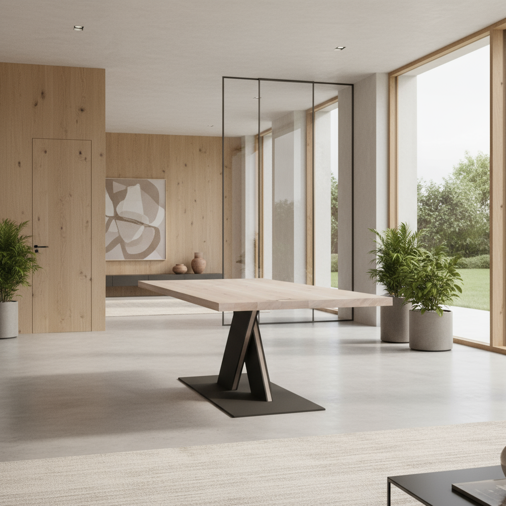 Rustic white oak dining table by Wildwuchs-Möbel with flat X-shaped legs in solid steel and wood, set in a modern environment.